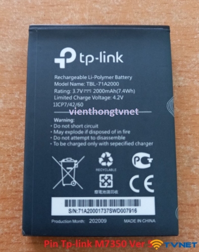 Pin Tp-link M7350 TBL-71A2000 dung lượng 2000mAh. Pin mới bảo hành 1 đổi 1