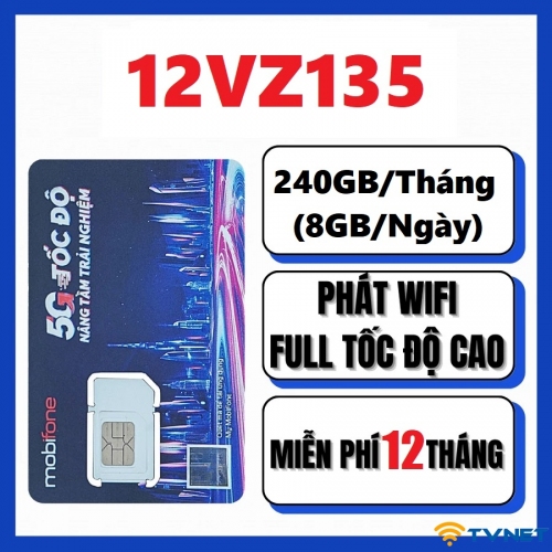 Sim 4G/5G Mobifone 12VZ135 DATA KHỦNG 2880Gb. Miễn phí 1 năm không nạp tiền
