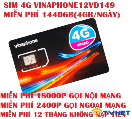 Sim 4G Vinaphone VD149 12T siêu khủng 1400GB DATA - Miễn phí gọi thoại. 1 năm không nạp tiền