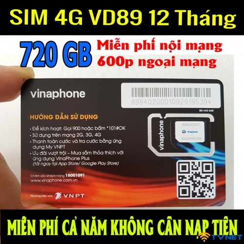 Sim 4G Vinaphone VD8912T miễn phí 720GB DATA - Miễn phí gọi thoại. 1 năm không nạp tiền