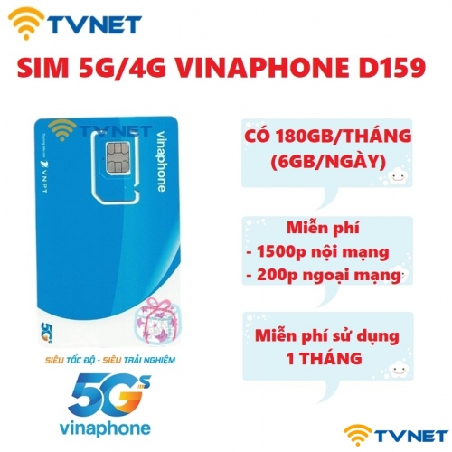 Sim 5G/4G Vinaphone D159 DATA khủng 180GB - Miễn phí gọi tha ga - Có sẵn tháng đầu
