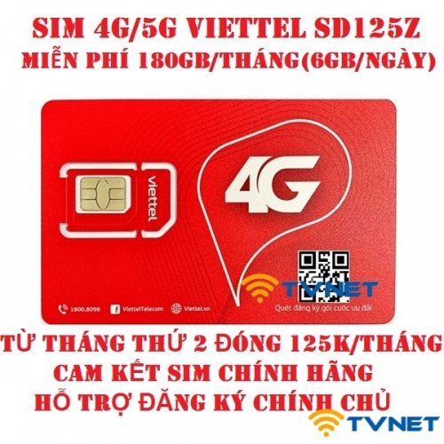 Sim 4G Viettel SD125z DATA 180Gb (6Gb/Ngày) mỗi tháng - Miễn phí tháng đầu sử dung