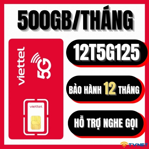 Sim 4G/5G Viettel 12T5G125 DATA siêu khủng 6000Gb - Miễn phí 12 tháng không nạp tiền